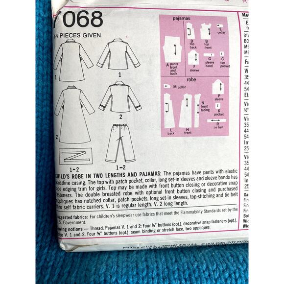 Simplicity 7068 Sewing pattern kids pajamas robe size 6 - Picture 4 of 5